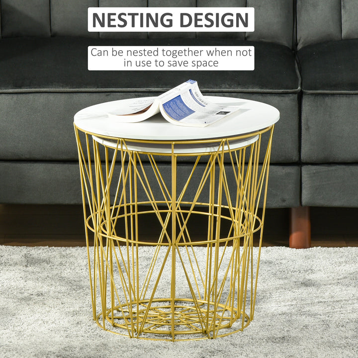 Set of 2 Nesting Side Tables with Storage, Round End Tables Coffee Tables with Steel Frame and Removable Round Top, White