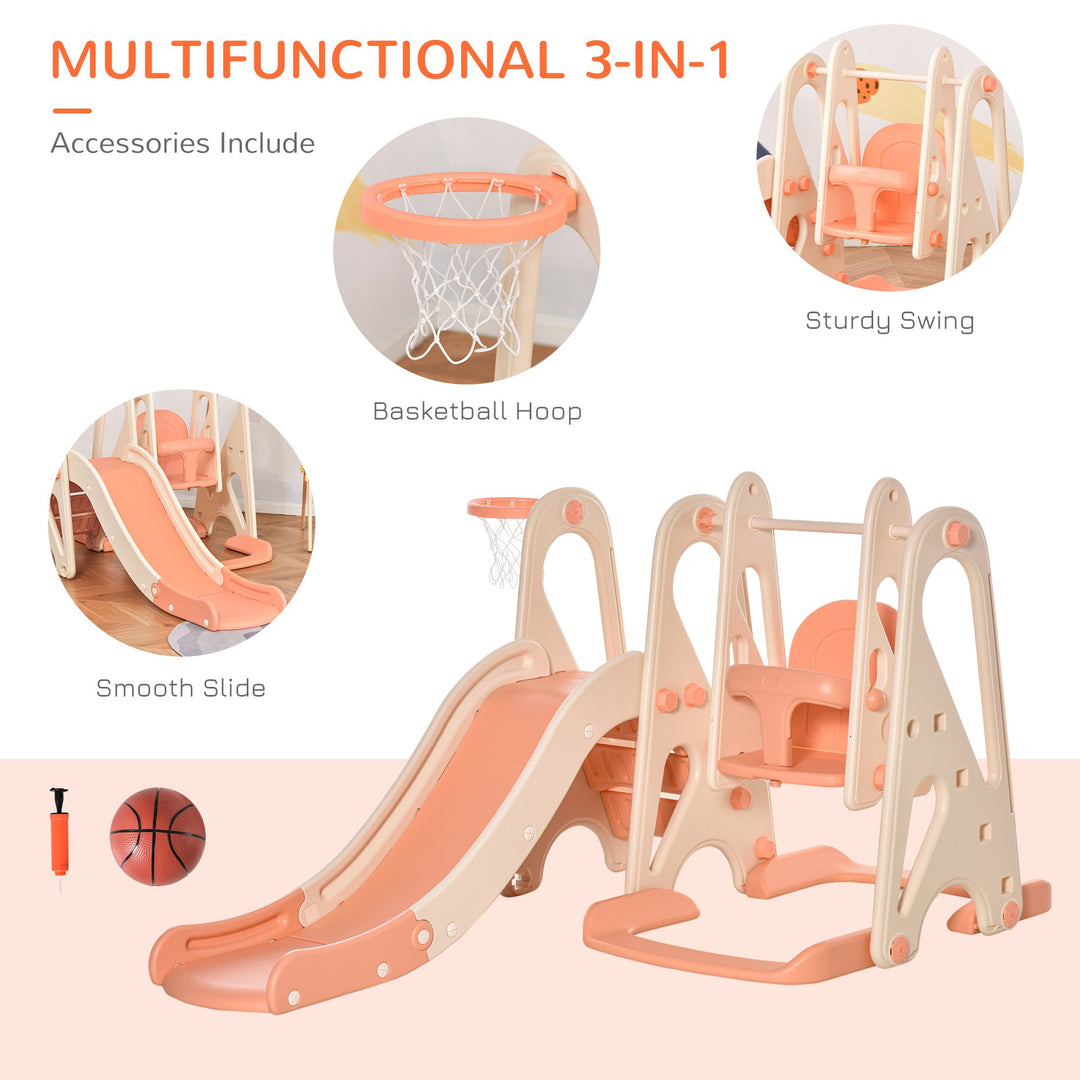 3 in 1 Design Kids Swing and Slide Set with Basketball Hoop Toddler Playground Play Set Fun Climber Set Activity Center Play Equipment Pink