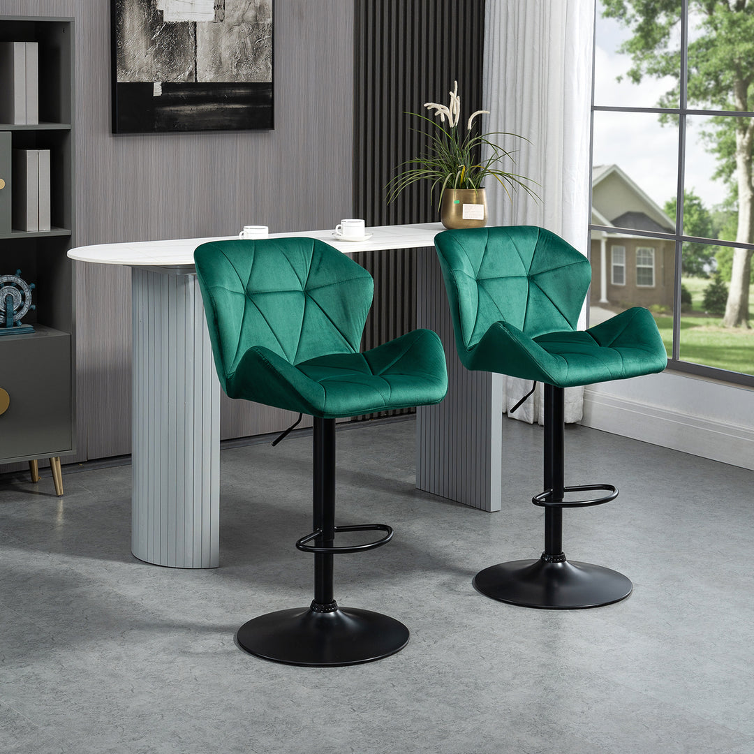 HOMCOM Bar Stools Set Of 2, Luxurious Velvet-Touch Barstools with Metal Frame Footrest Round Base Triangle Indenting Adjustable Height Swivel Green