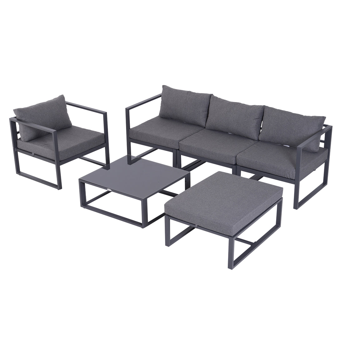 6 PCs Outdoor Indoor Sectional Sofa Set Thick Padded Cushions Aluminium Frame 5 Seaters 1 Coffee Table Footrest Grey