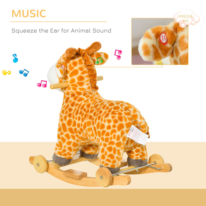 HOMCOM 2-IN-1 Kids Plush Ride-On Rocking Gliding Horse Giraffe-shaped Plush Toy Rocker with Realistic Sounds for Child 36-72 Months Yellow