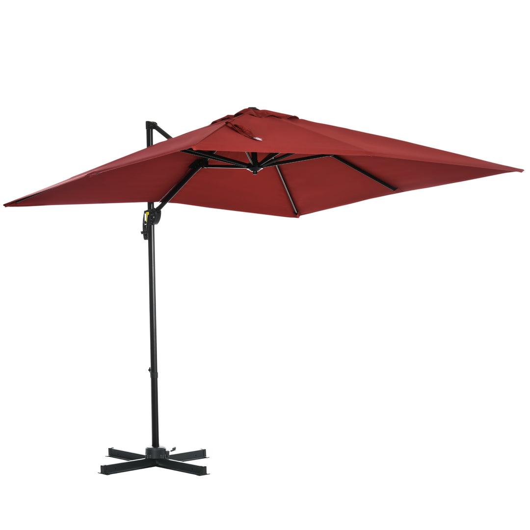 2.5x2.5m Patio Offset Parasol Umbrella Cantilever Hanging Aluminium Sun Shade Canopy Shelter 360°Rotation w/Crank Handle Cross Base Wine Red