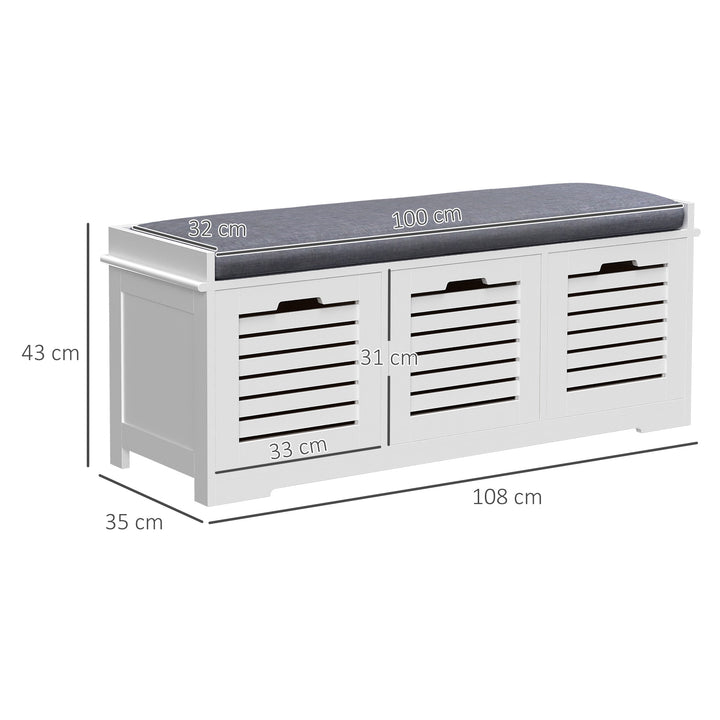 White Storage Bench with 3 Drawers & Removable Grey Seat Cushion Hallway Organisation furniture