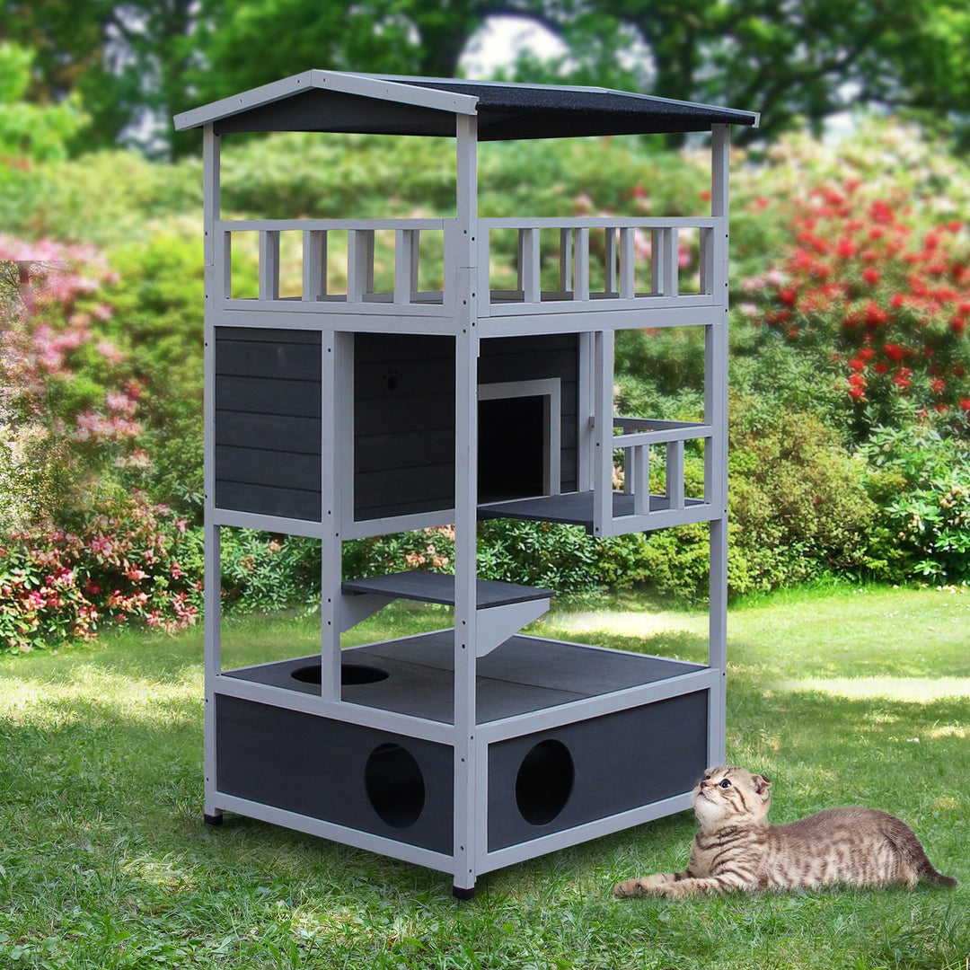 PawHut Cats Fir Wood 3-Tier Waterproof Play House Grey