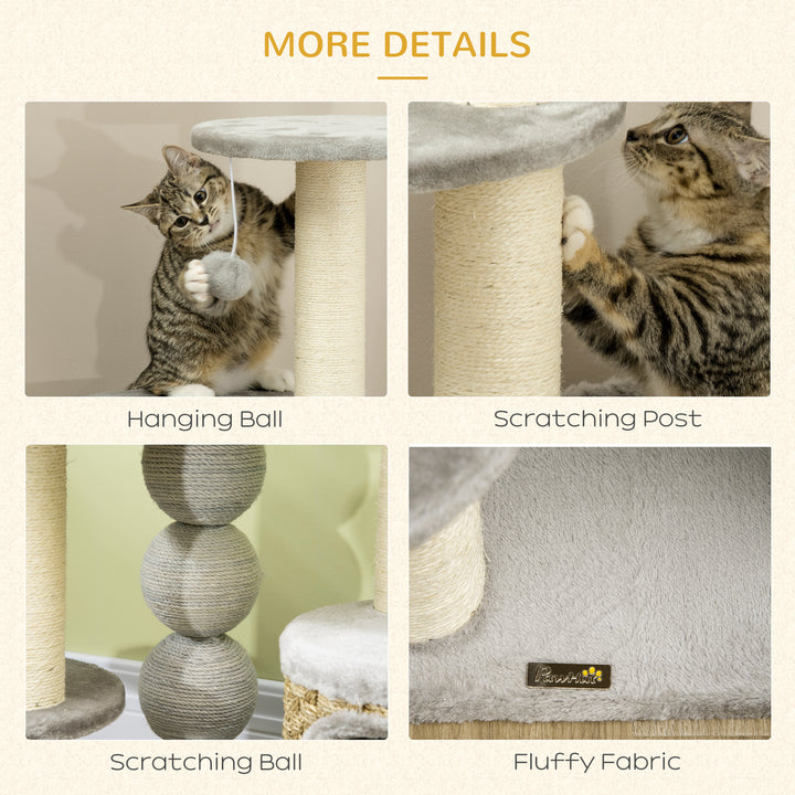 Cat Tree, 115cm Cat Climbing Tower, kitten Activity Centre with Fluffy House and Hammock, Jute Scratching Post and Hanging Ball, Light Grey