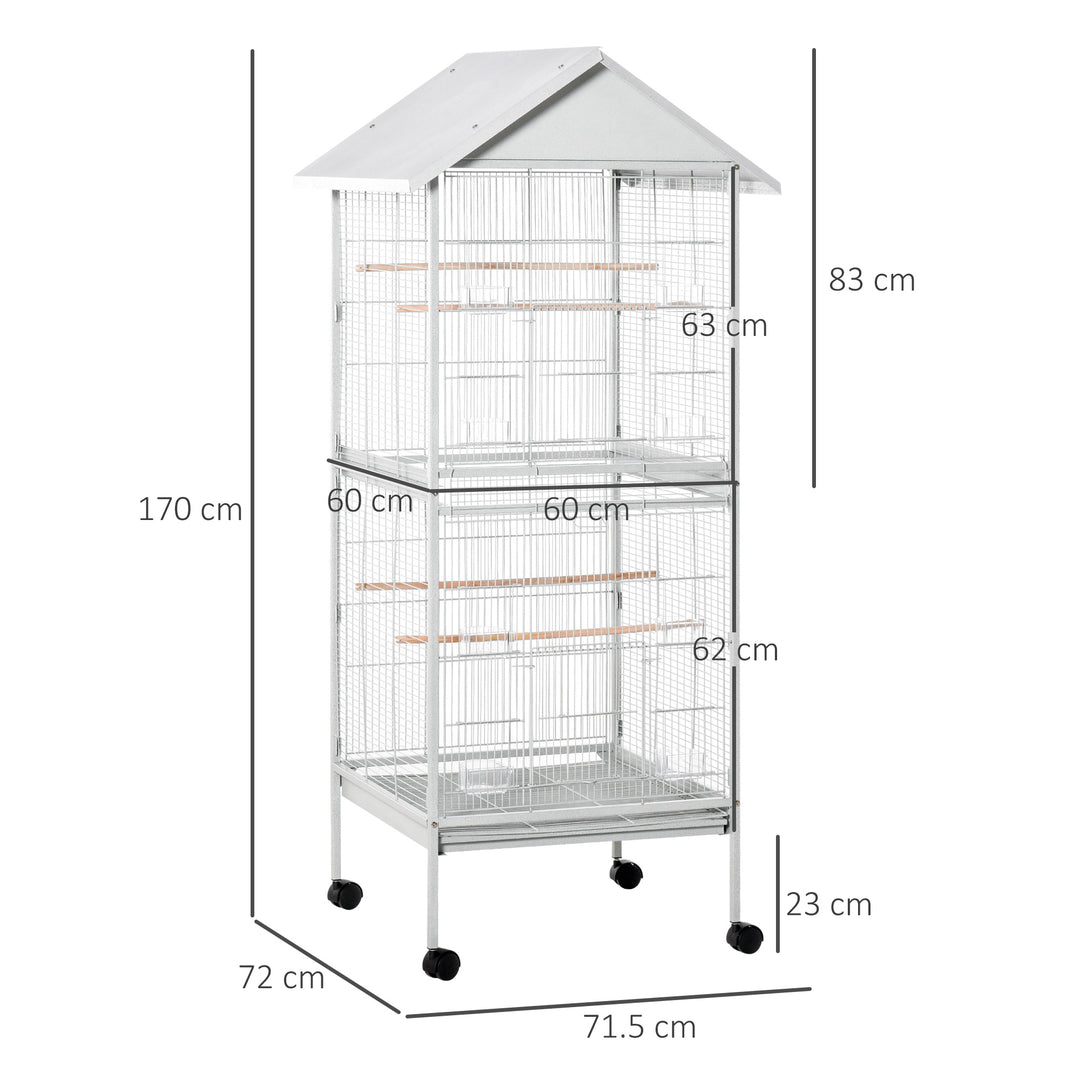 PawHut 170cm Metal Bird Cage Parrot Cage Mobile Feeder with Rolling Stand Perches Food Containers Doors Wheels White