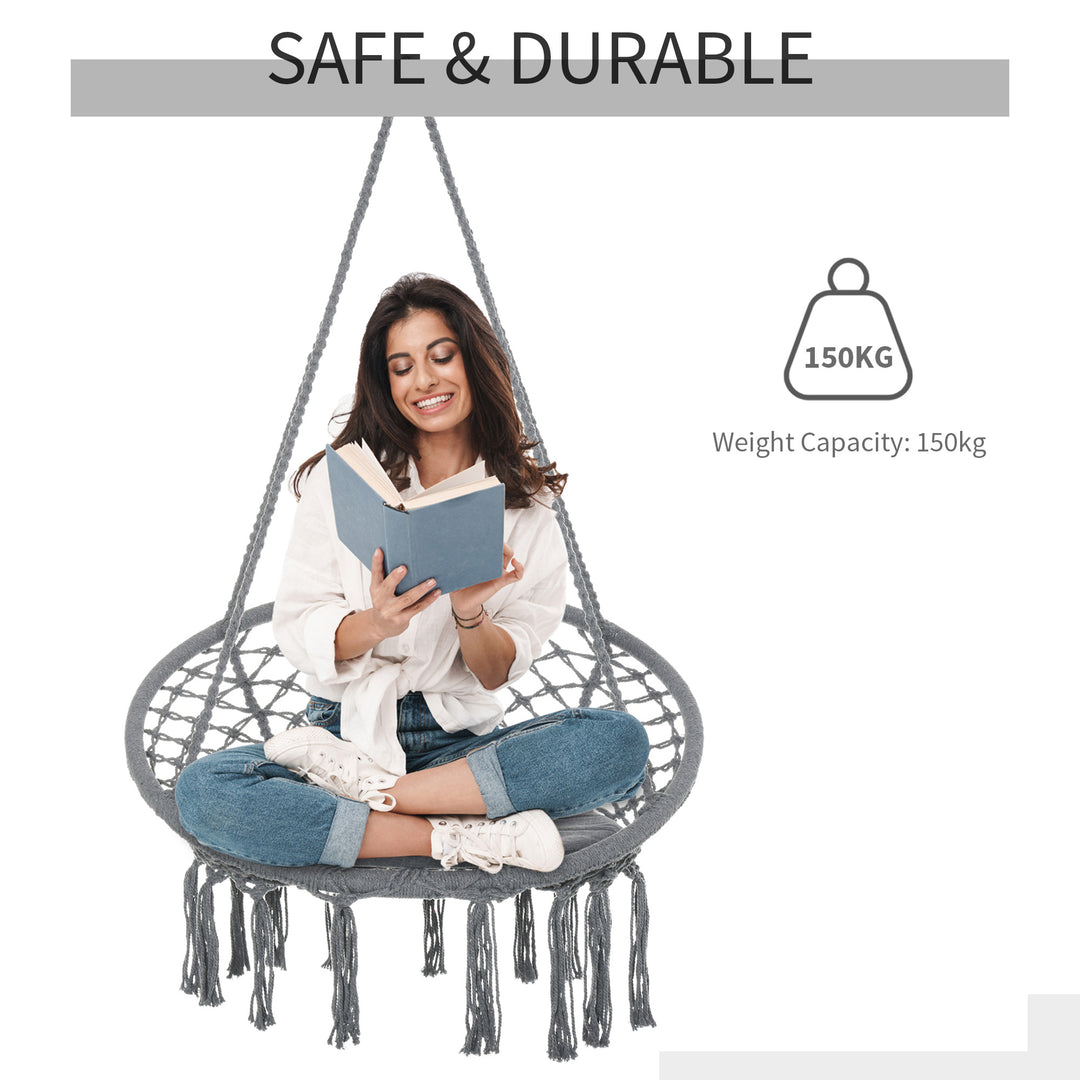 Outsunny Cotton-Polyester Blend Macrame Hanging Chair Swing Hammock for Indoor & Outdoor Use with Backrest, Fringe Tassels, Grey