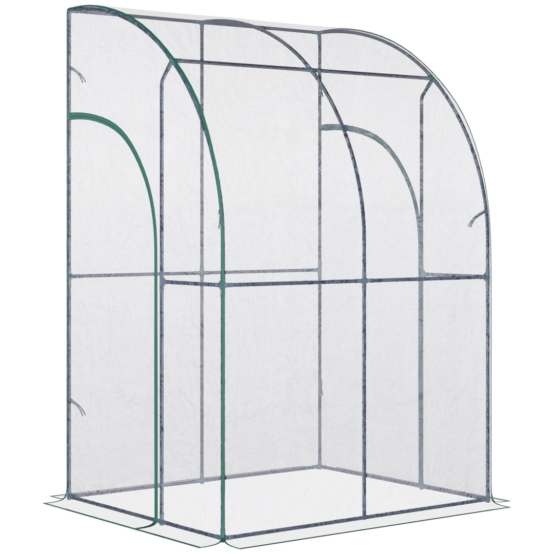 Outsunny Walk-In Greenhouse Lean to Wall Tunnel Greenhouse with Zippered Roll Up Door PVC Cover Sloping Top, 143 x 118 x 212 cm