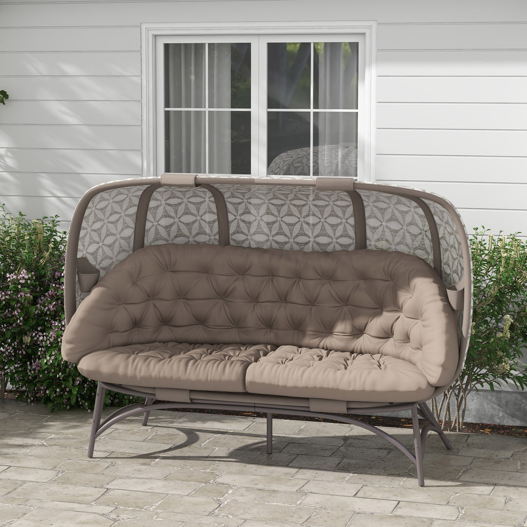 Folding Outdoor Egg Chair, Hollow Design 3 Seater Garden Furniture Chair w/ Flower Pattern Bottle Holder Bags for Indoor Outdoor, Sand Brown