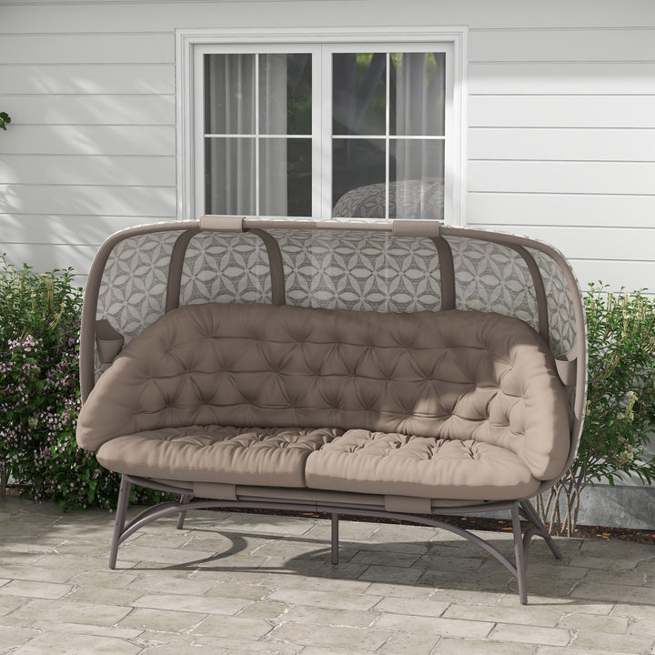 Folding Outdoor Egg Chair, Hollow Design 3 Seater Garden Furniture Chair w/ Flower Pattern Bottle Holder Bags for Indoor Outdoor, Sand Brown