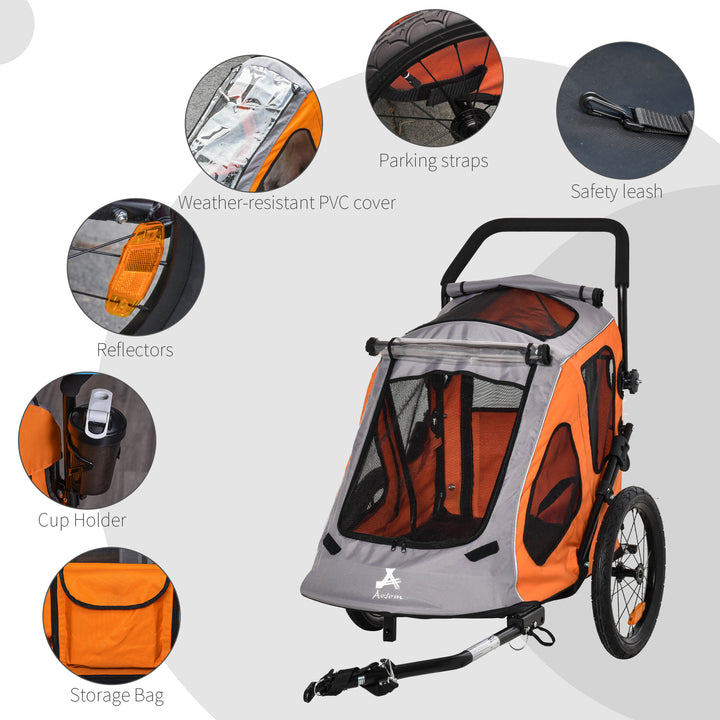 2 IN 1 Dog Bicycle Trailer Pet Carrier Stroller 360° Rotatable Front Wheel Reflectors Parking Brake Straps Cup Holder Water Resistant Orange