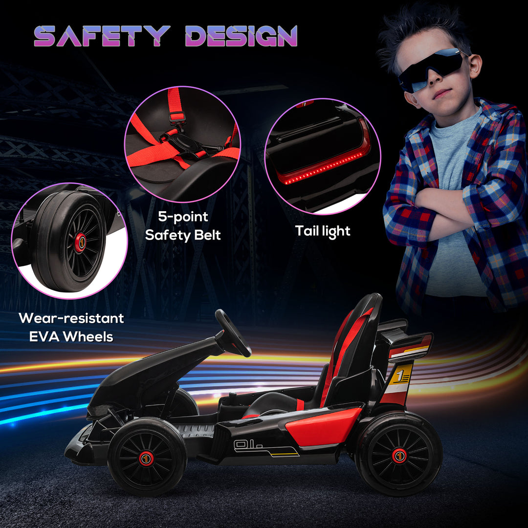 Electric Go Kart with Adjustable Footrest, Reversing Steering Wheel, Kids Ride-On Racing Go Kart with 12V Rechargeable Battery, 2 Speeds Black