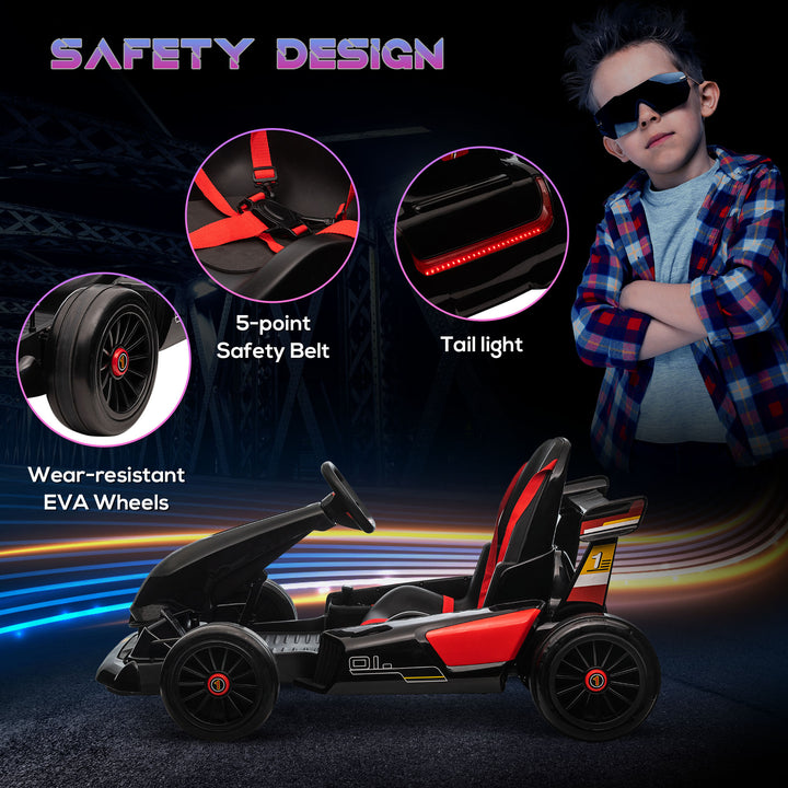 Electric Go Kart with Adjustable Footrest, Reversing Steering Wheel, Kids Ride-On Racing Go Kart with 12V Rechargeable Battery, 2 Speeds Black