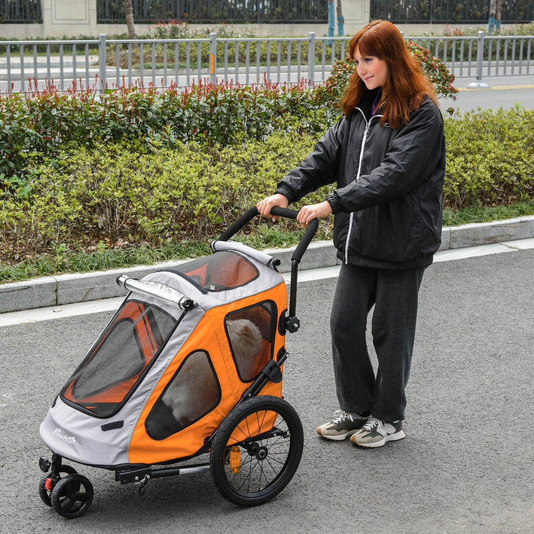 2 IN 1 Dog Bicycle Trailer Pet Carrier Stroller 360° Rotatable Front Wheel Reflectors Parking Brake Straps Cup Holder Water Resistant Orange