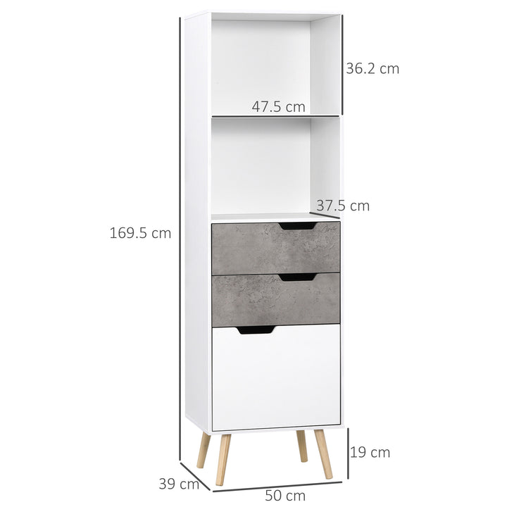 Narrow Sideboard Storage Cabinet, Free Standing Accent Cupboard with 3 Drawers, 2 Open Shelves for Bedroom, Living Room, Hallway, Light Grey