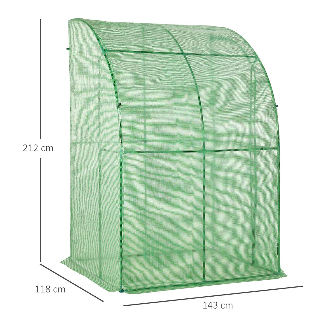 Outsunny Walk-In Greenhouse Lean to Wall Tunnel Greenhouse with Zippered Roll Up Door PE Cover and Steel Frame for Garden, 143 x 118 x 212 cm