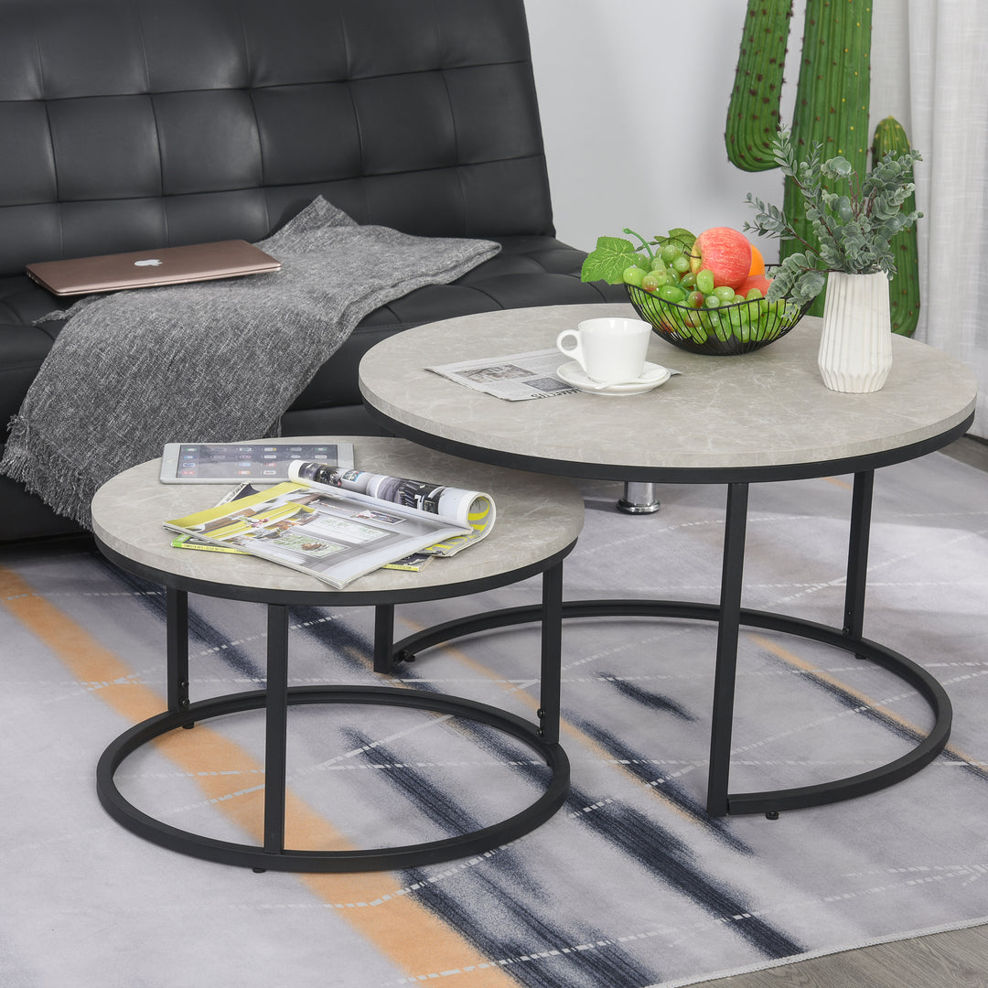 HOMCOM 2 Pcs Stacking Coffee Table Set w/ Steel Frame Marble-Effect Top Foot Pads Nest of Tables Storage Display Black/Grey