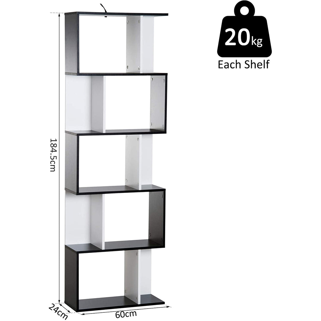 5-tier Bookcase Storage Display Shelving S Shape design Unit Divider Black