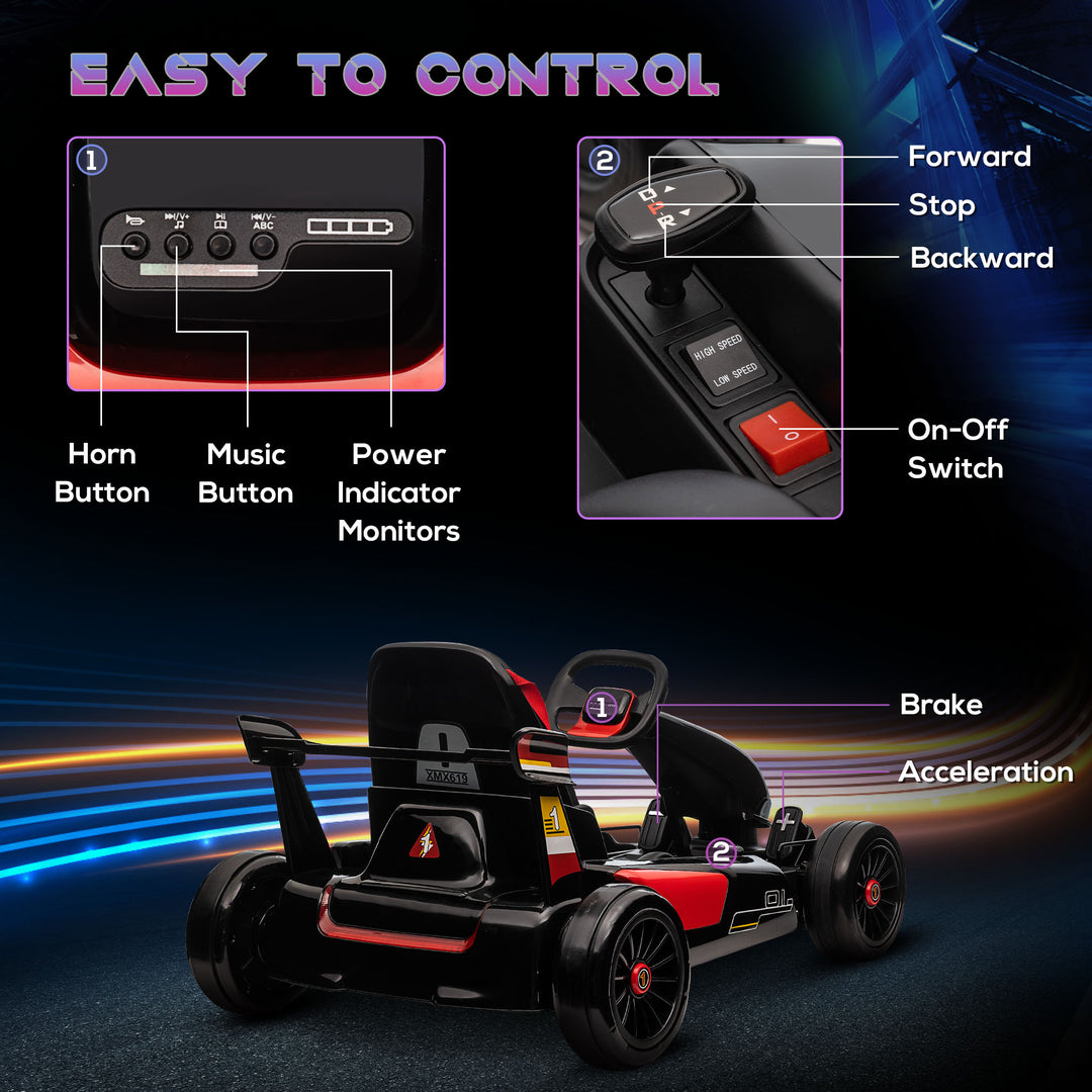 Electric Go Kart with Adjustable Footrest, Reversing Steering Wheel, Kids Ride-On Racing Go Kart with 12V Rechargeable Battery, 2 Speeds Black