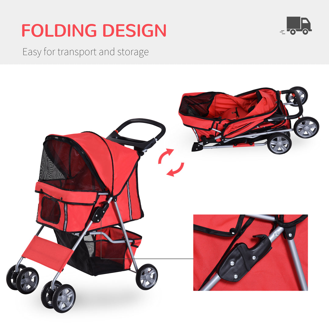 PawHut Dog Stroller with Rain Cover for Small Miniature Dogs, Folding Pet Pram with Cup Holder, Storage Basket, Reflective Strips, Red