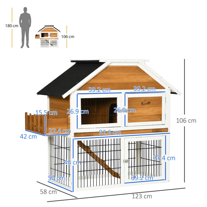 PawHut 2 Tier Wooden Rabbit Hutch, Guinea Pig Cage, Bunny Run, Small Animal House with Plant Box, Slide-out Tray, Ramp, 123 x 58 x 106cm, Natural