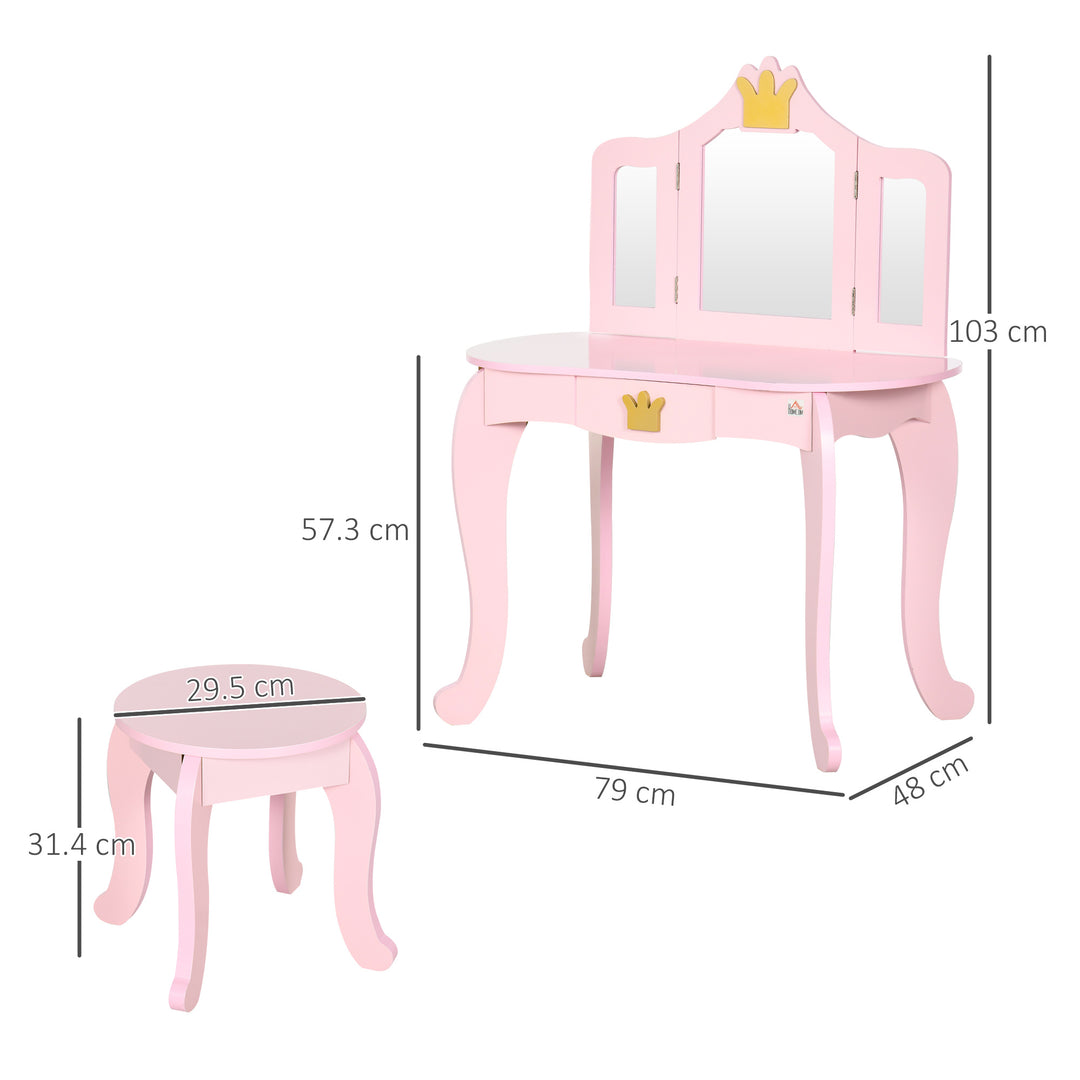 Kids Dressing Table with Mirror and Stool, Kids Vanity Set, Girl Makeup Desk with Rotatable Mirrors and Drawer, Pink