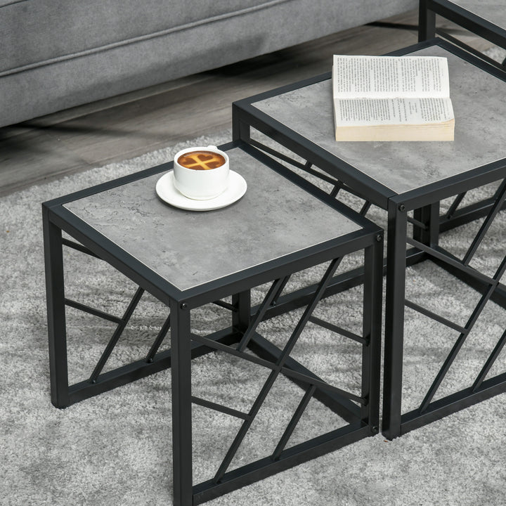 Set of 3 Nest of Tables, Square Side Tables with Black Metal Frame, for Living Room, Bedroom and Office, Grey