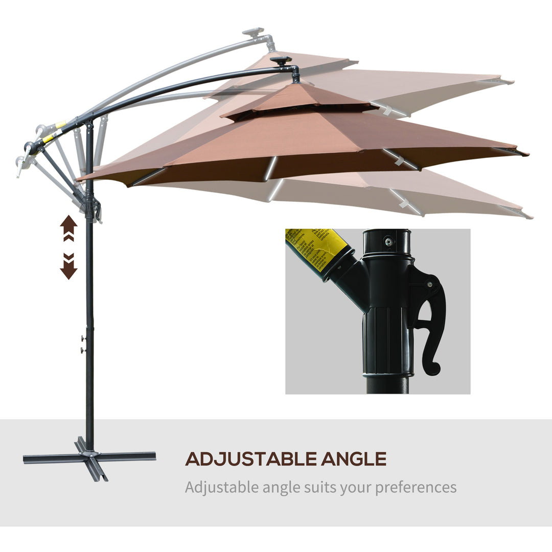 Outsunny 3(m) Cantilever Parasol Banana Hanging Umbrella with Double Roof, LED Solar lights, Crank, 8 Sturdy Ribs and Cross Base for Outdoor, Coffee