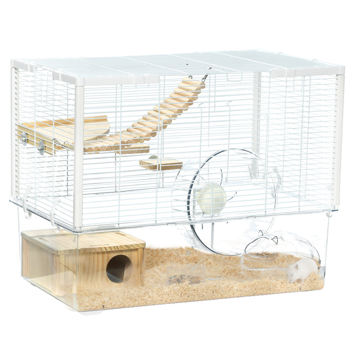 Hamster Cage, Gerbilarium Cage, Wooden Ramp, Exercise Wheel, Food Bowl, Natural Tone and White