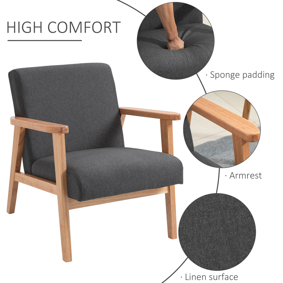 Fabric Accent Chair for Living Room, Arm Chair with Rubber Wood Frame and Padded Cushion, Dark Grey