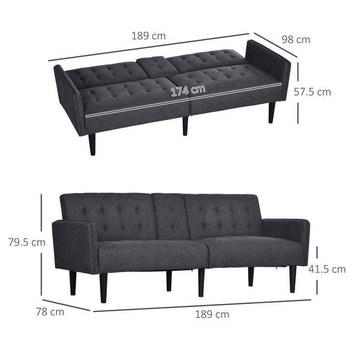 Upholstered 3 Seater Sofa Bed, Linen-Touch Sleeper Futon Recliner with Storage and Cupholders, Grey