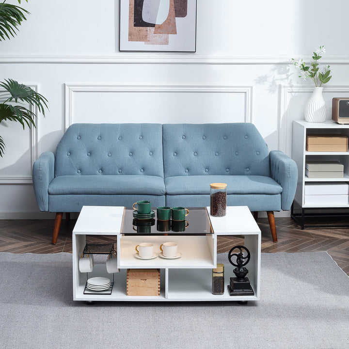 HOMCOM Modern Coffee Table with Tempered Glass Top, Cocktail Table with 3-Tier Storage Shelves for Living Room, White