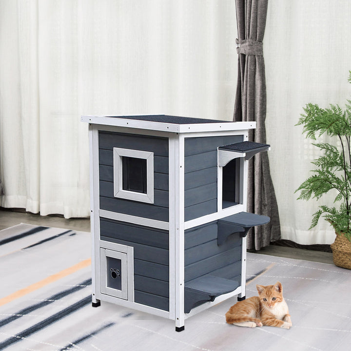 Solid Wood 2-Floor Cat Condo Kitten Shelter with Window