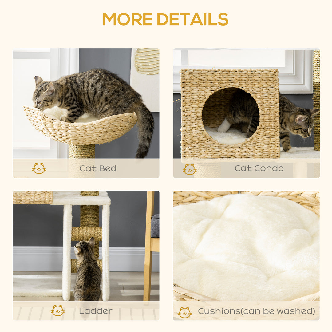 Cat Tree for Indoor Cats Kitten Tower Cattail Weave with Scratching Posts, Cat House, Bed， Washable Cushions Natural, 57 x 37 x 100.5 cm