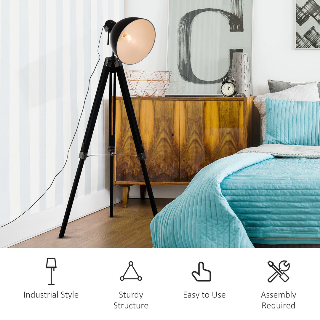 Industrial Floor Lamp for Living Room Tripod Spotlight Reading Lamp w/Wood Legs Metal Shade Adjustable Height Angle Black and White