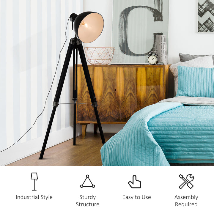 Industrial Floor Lamp for Living Room Tripod Spotlight Reading Lamp w/Wood Legs Metal Shade Adjustable Height Angle Black and White