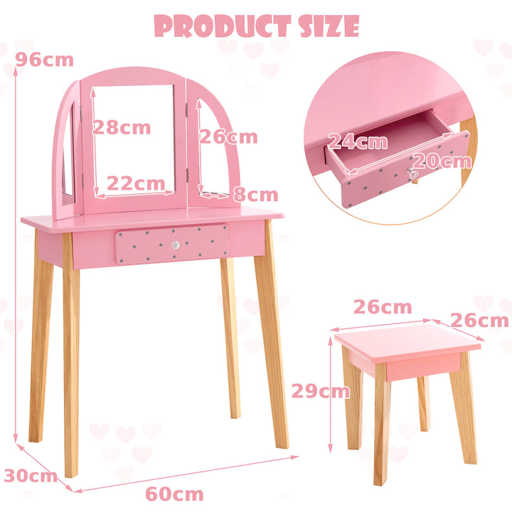 Kids Dressing Table and Stool Set Tri-Folding Mirror and Drawer -Pink