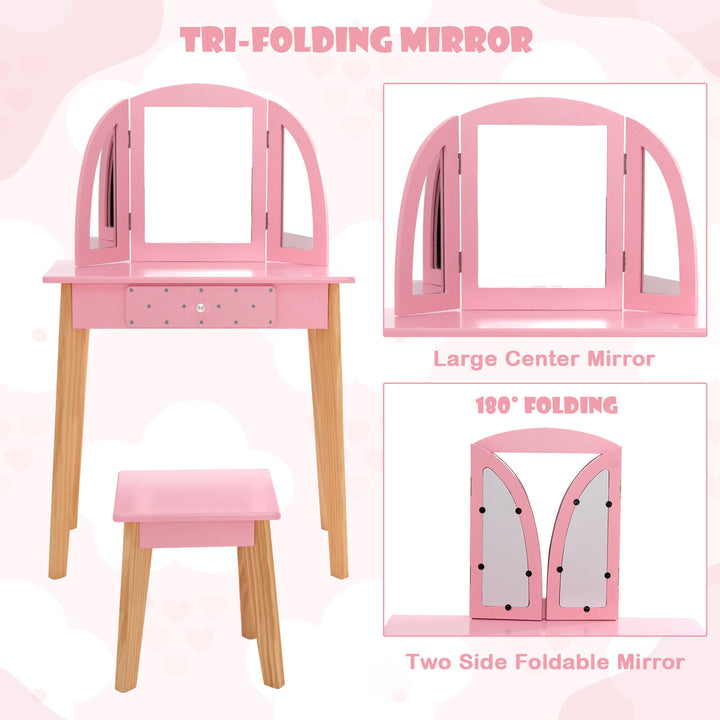 Kids Dressing Table and Stool Set Tri-Folding Mirror and Drawer -Pink
