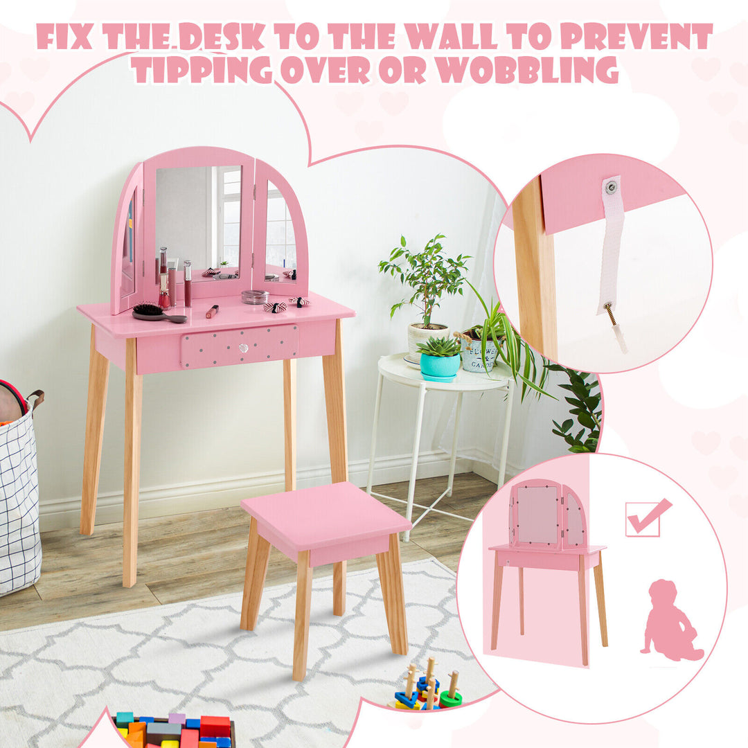 Kids Dressing Table and Stool Set Tri-Folding Mirror and Drawer -Pink