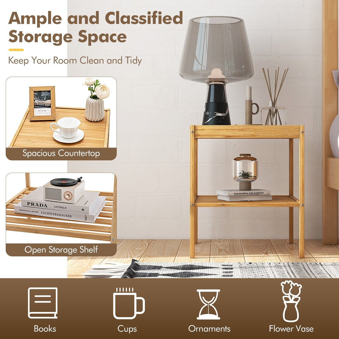 2-tier Bamboo Bedside Tables Set of 2 with Storage Shelf-Natural