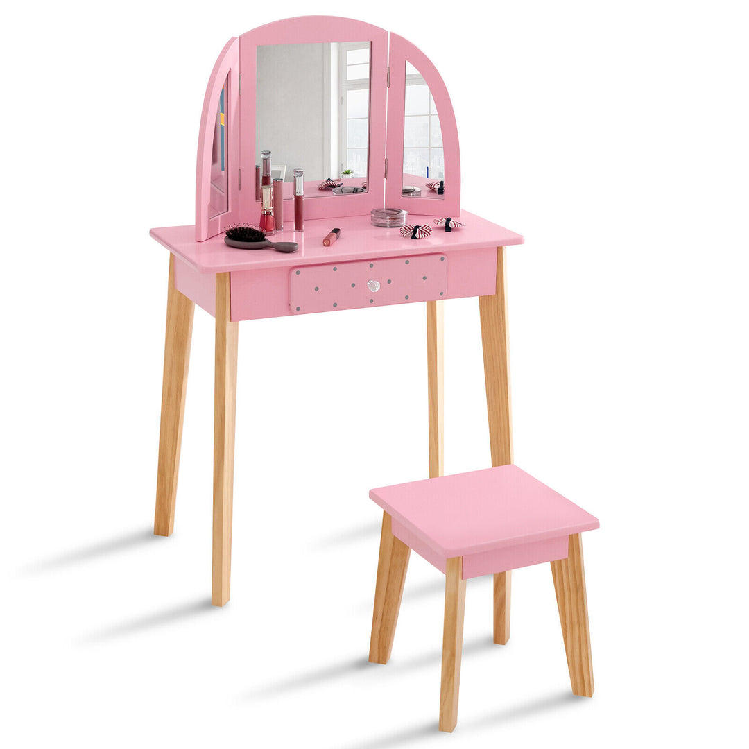 Kids Dressing Table and Stool Set Tri-Folding Mirror and Drawer -Pink