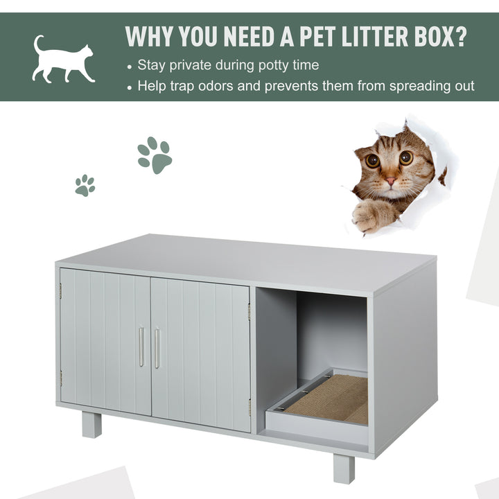 PawHut Wooden Cat Litter Box Enclosure & House with Nightstand/End Table Design, Scratcher, & Magnetic Doors, Grey