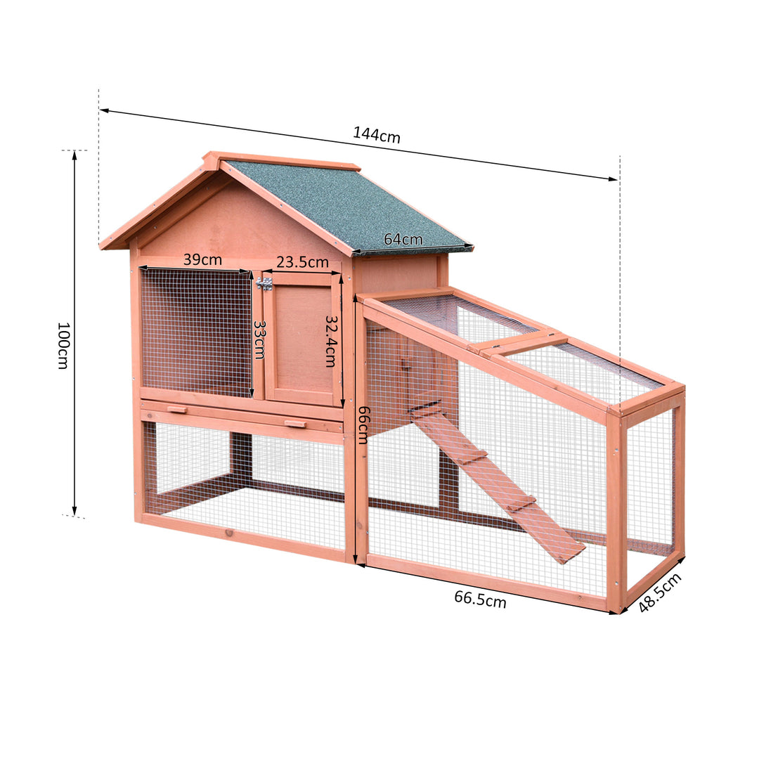 PawHut 2 Tier Rabbit Cage, Solid Wood Bunny House, Water Resistant Asphalt Roof Ramp Sliding tray 144 x 64.5 x 100 cm Red/Brown