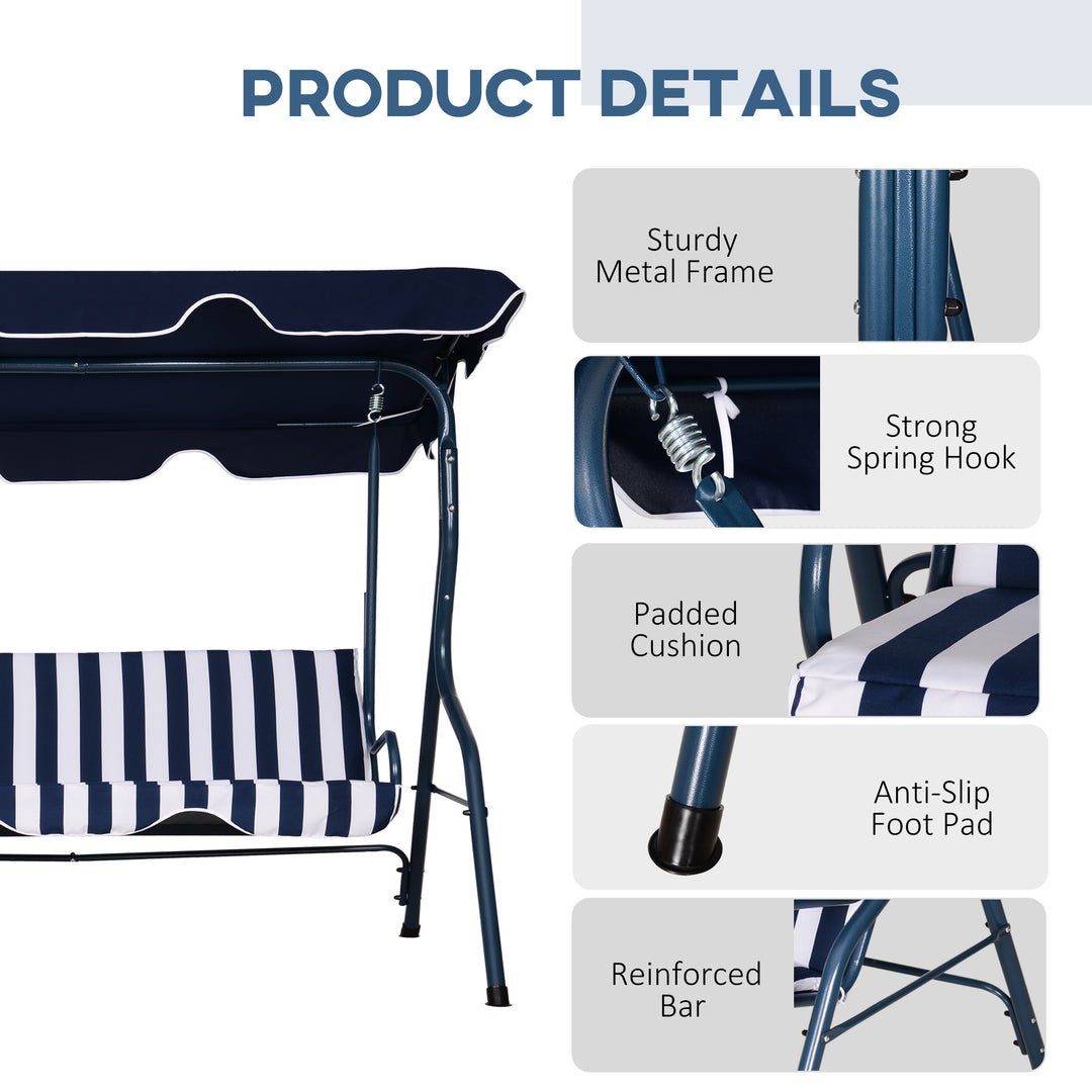 3 Seater Garden Swing Chair_ Outdoor Garden Bench with Adjustable Sun Cover and Metal Frame - Blue Stripes