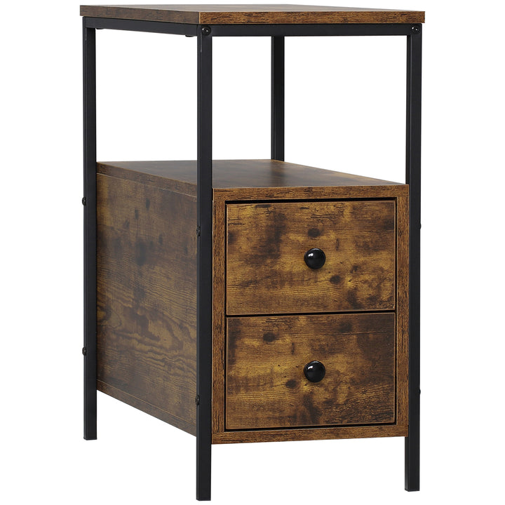 Side Table with 2 Drawers and Storage Shelf, Narrow End Table Bedside Table with Metal Frame for Small Spaces, Rustic Brown