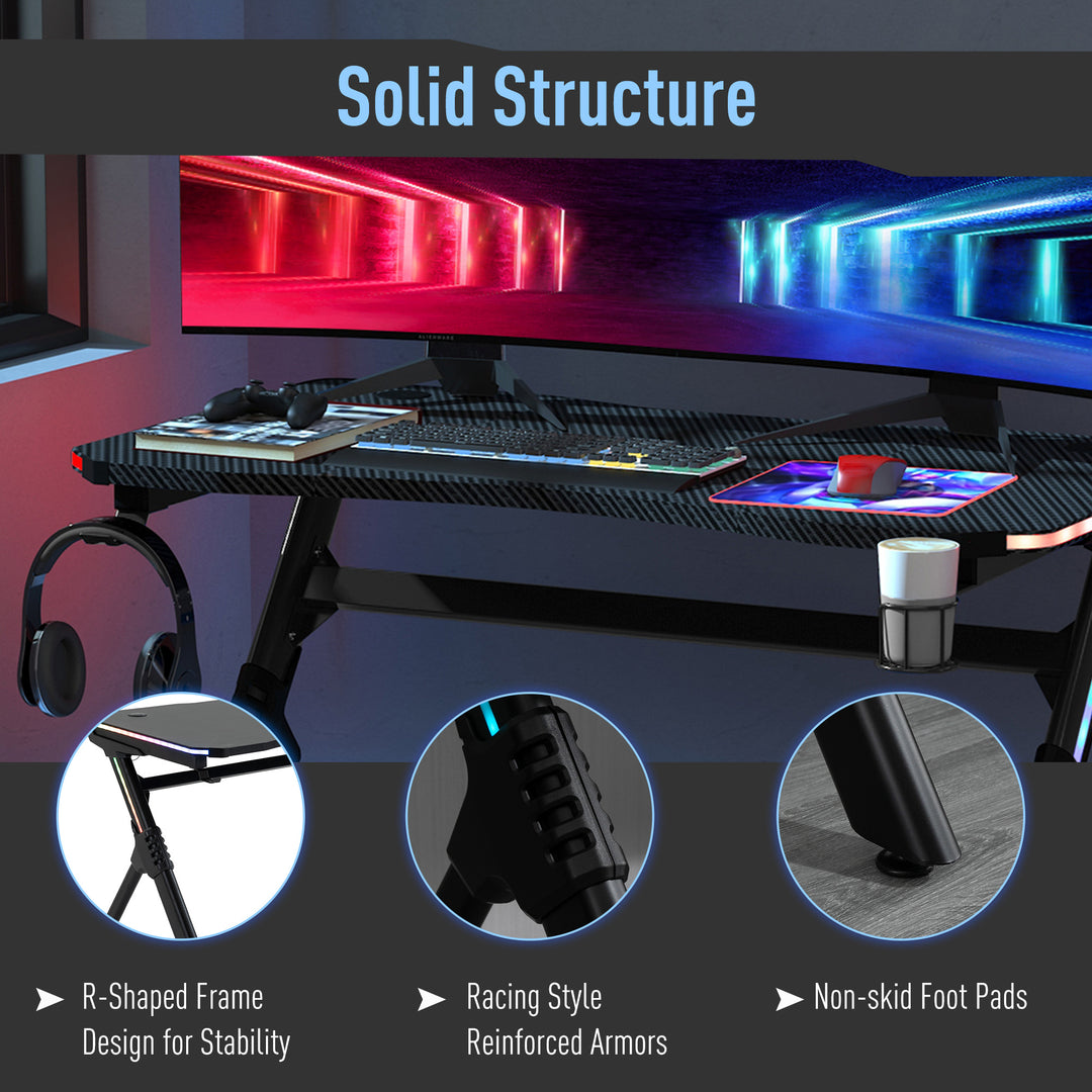 Gaming Desk Gaming Table with RGB LED Lights Racing Style Cup Holder, Cable Management, Black