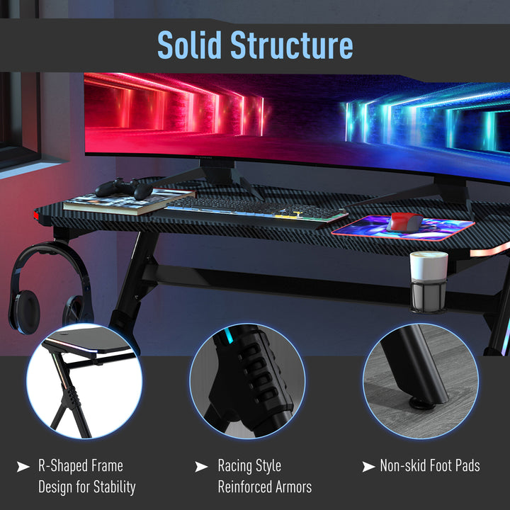 Gaming Desk Gaming Table with RGB LED Lights Racing Style Cup Holder, Cable Management, Black