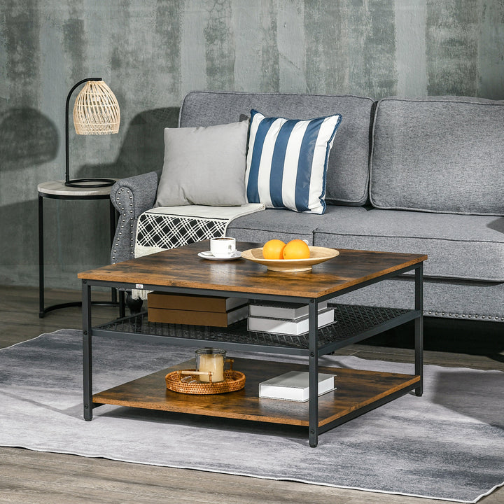 HOMCOM Industrial Coffee Table, Square Cocktail Table with 3-Tier Storage Shelves for Living Room, Rustic Brown