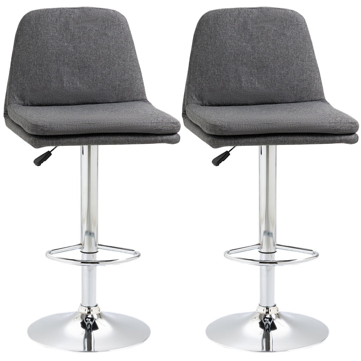 HOMCOM Morden Bar Stools Set of 2, Swivel Fabric Breakfast Barstools, Adjustable Kitchen Stools with Backs, Footrest for Home Pub Area, Grey