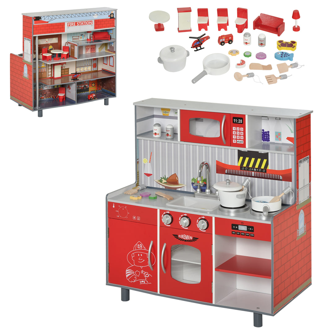 Kids Kitchen Set 2 in 1 Multifuction Kitchen Set Doll House Large Play Kitchen with Realistic Function Pretend Cooking Set Red
